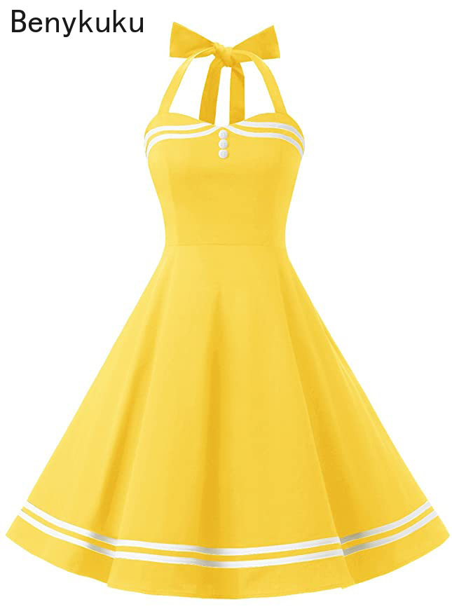 Yellow Summer Clothing - Винтажное желтое платье-халтер, сексуальное ретро-платье в